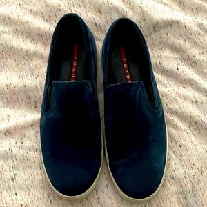 Mens Prada suede navy slip ons. Size 10